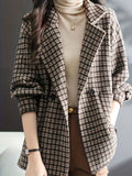 Plaid Lapel Coat, Casual Open Front Long Sleeve Versatile Outerwear, Women's Clothing