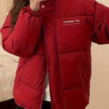 Zip Up Letter Print Puffy Coat, Long Sleeve Slant Pockets Outwear For Winter, Women's Clothing