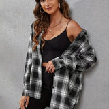 Plaid Print Button Front Shirt, Casual Cuff Sleeve Lapel Shirt, Women's Clothing