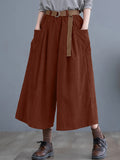 Solid Cropped Wide Leg Pants, Casual Corduroy Pants With Pocket, Women's Clothing