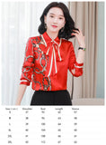 Women's Designer Floral Printed Shirt With Neck Bow Plus Size Elegant Long Sleeve Office Ladies Runway Silk Button Shirts Sweet Girl Chic Satin Blouses Red Tops