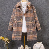 Girls Retro Plaid College Style Button Lapel Faux Woolen Jacket Overcoat, Autumn And Winter