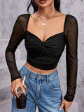 Sheer Lace Panel Cropped Top, Elegant Long Sleeve Twist Front Top, Women's Clothing