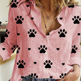 Paw Print Button Front Shirt, Casual Long Sleeve Shirt For Spring & Fall, Women's Clothing