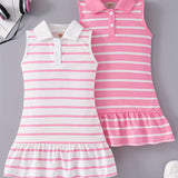 2pcs Adorable Striped Fitted Sleeveless Dress for Girls - Lapel Collar, Knee-High Length, Ruffle Hem, Polyester Material, Loose Silhouette, Perfect for Summer Party and Holiday - Casual and Comfortable