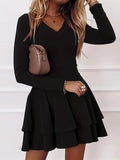 Solid Layered Dress, Casual V Neck Long Sleeve Dress, Women's Clothing