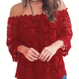 Floral Lace Off Shoulder Blouse, Elegant 3/4 Sleeve Blouse For Spring & Summer, Women's Clothing