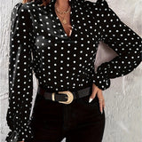 Polka-dot Print Notched Neck Blouse, Versatile Puff Sleeve Blouse For Spring & Fall, Women's Clothing