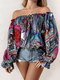 Paisley Print Off Shoulder Blouse, Casual Long Sleeve Blouse For Spring & Fall, Women's Clothing