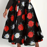 Plus Size Elegant Skirt, Women's Plus Floral Print Elastic High Rise High Stretch A-line Pleated Maxi Skirt