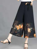 Floral Pattern Chiffon Cropped Wide Leg Pants, Casual Belted Pants For Spring & Summer, Women's Clothing