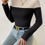 Ribbed Colorblock Mock Neck T-Shirt, Casual Long Sleeve Top For Spring & Fall, Women's Clothing