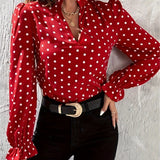 Polka-dot Print Notched Neck Blouse, Versatile Puff Sleeve Blouse For Spring & Fall, Women's Clothing