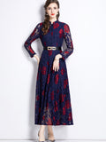 Floral Print Contrast Lace Dress, Elegant Button Front Party Maxi Dress, Women's Clothing