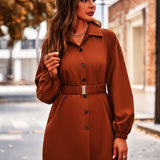 Solid Button Front Shirt, Elegant Long Sleeve Belted Lapel Shirt, Women's Clothing