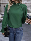 Mock Neck Pleated Simple Blouse, Versatile Long Sleeve Blouse For Spring & Fall, Women's Clothing