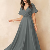 ALICEPUB Plus Size Wrap V-Neck Bridesmaid Dress Chiffon Long Maxi Formal Dress For Women Party Evening Short Sleeves