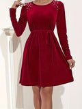 deanwangkt-1  Solid Beaded Velvet Dress, Elegant Tie Waist Long Sleeve Dress For Party & Banquet, Women's Clothing