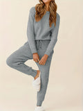 Solid Knitted Two-piece Set, Casual Long Sleeve Sweater & Drawstring Pocket Pants Outfits, Women's Clothing