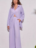 deanwangkt-1  Solid Casual Two-piece Set, Button Front Long Sleeve Shirt & Elastic Waist Pants Outfits, Women's Clothing