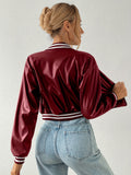 Faux Leather Crop Jacket, Y2K Zip Front Long Sleeve Jacket For Fall & Winter, Women's Clothing