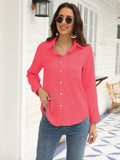 Long Sleeve Button Up Shirt, Pocket Casual Every Day Top For Spring & Fall, Women's Clothing