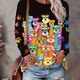 Plus Size Casual T-shirt, Women's Plus Colorful Cartoon Dog & Paw Print Long Sleeve Round Neck Medium Stretch T-shirt