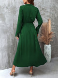 Split Solid Midi Dress, Elegant V Neck Long Sleeve Dress, Women's Clothing