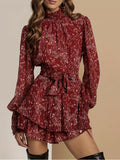 Floral Print High Neck Dress, Elegant Layered Ruffle Long Sleeve Dress, Women's Clothing