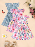 3pcs Little Princess Butterfly Floral Ruffle Trim Dresses - Adorable Belted Casual Summer Dresses for Girls - Polyester Non-Stretch Fabric, A-Line Fit, Perfect for Holiday Gift Party