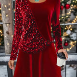 Sequin Decor Long Sleeve Dress, Stylish Crew Neck Dress, Women's Clothing