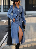 deanwangkt Blue Long Sleeves Denim Dress, Single Breasted Button With Waistband Lapel Denim Dress, Women's Denim Clothing