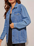 Figure & Letter Print Denim Jackets, Washed Long Sleeves Street Style Lapel Denim Coats, Women's Denim Clothing