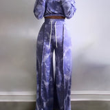 Tie Dye Two-piece Set, Asymmetrical Neck Long Sleeve Crop Top & Drawstring Wide Leg Pants Outfits, Women's Clothing