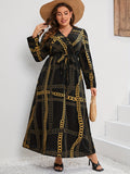 Plus Size Elegant Dress, Women's Plus Chian Print Long Sleeve Surplice Neck Slight Stretch Maxi Dress With Belt