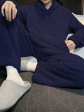 Men's Simple Style Solid Casual Pajamas Sets, Warm Flannel Lounge Wear, Long Sleeve Hoodies Pullover Top & Loose Pants