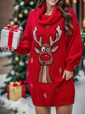 Plus Size Christmas Pattern Casual Long Sleeve Turtle Neck Sweater Dress for Fall & Winter Women's Clothing