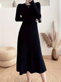 Ribbed Solid Midi Dress, Elegant Crew Neck Long Sleeve Dress, Women's Clothing