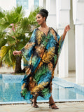 Plus Size Boho Kaftan Dress, Women's Plus Tropical Print Batwing Sleeve V Neck Split Maxi Beach Dress