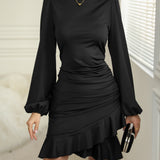 Ruffle Hem Ruched Dress, Elegant Solid Long Sleeve Dress, Women's Clothing