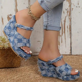 deanwangkt - Light Blue Casual Patchwork Fish Mouth Out Door Wedges Shoes