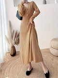 Button Front Solid Midi Dress, Elegant V Neck Long Sleeve Dress, Women's Clothing