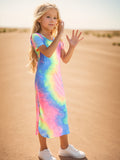 Vibrant Tie Dye Short Sleeve Slim Midi Dress for Girls - Casual, Comfortable, and Stylish Holiday Wear - Perfect Summer Gift for Tweens and Teenagers