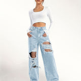 Ripped Straight Leg Loose Fit Jeans, High Rise Wide Legs Distressed Denim Pants, Women's Denim Jeans & Clothing