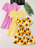 3pcs Girls Charming Short Sleeve Dress Set - Adorable Striped & Polka Dot Print with Sunflower Accent - Lightweight Summer Wear for Parties and Gifts