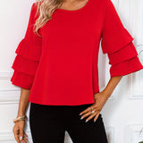 Solid Layered Flare Sleeve Blouse, Versatile Crew Neck Blouse For Spring & Fall, Women's Clothing