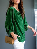 Lantern Sleeve Solid Blouse, Casual Crew Neck Versatile Blouse, Women's Clothing