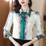 Printed Women Designer Lapel Shirts Silk Black Long Sleeve Elegant Fit Shirt Office Ladies Button Front Casual Satin Blouses Spring Fall Chic Slim Runway Tops