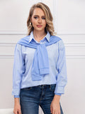 Tie Front Stripe Print Polo Collar Blouse, Casual Long Sleeve Blouse For Spring & Fall, Women's Clothing