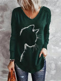 Plus Size Casual T-shirt, Women's Plus Cat Print Long Sleeve V Neck Slight Stretch Top